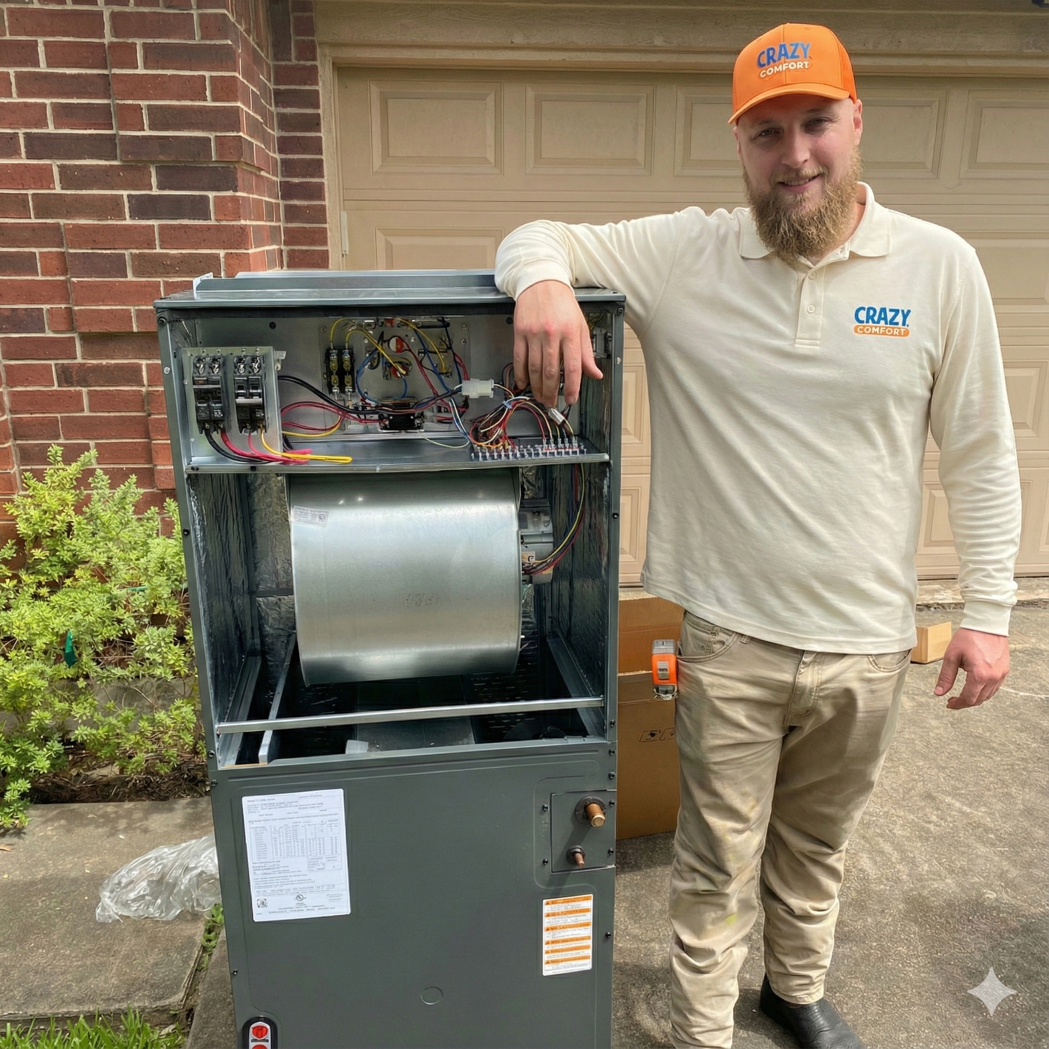 Crazy Comfort HVAC technician standing next to open air handler unit during professional installation service